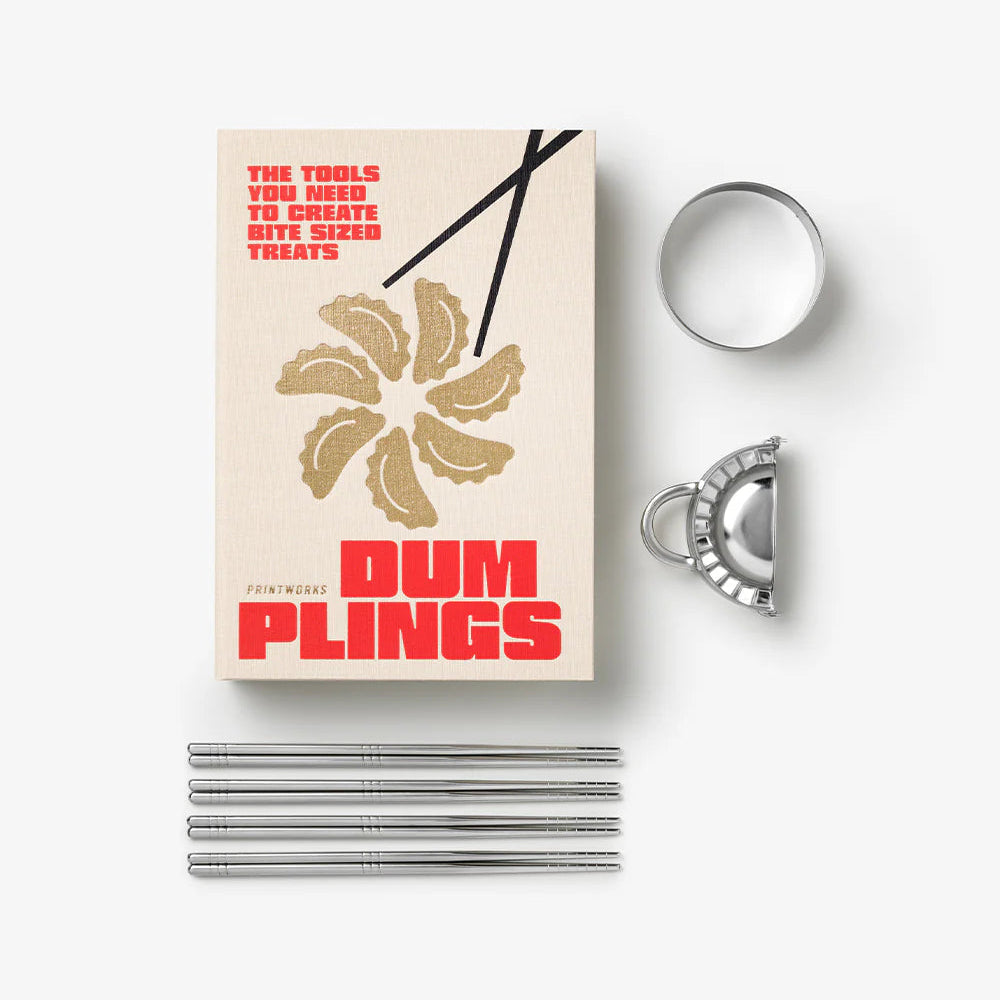 Printworks gift set of dumpling tools, includes rolling pin, pleating tools, and dumpling maker for perfect homemade dumplings.