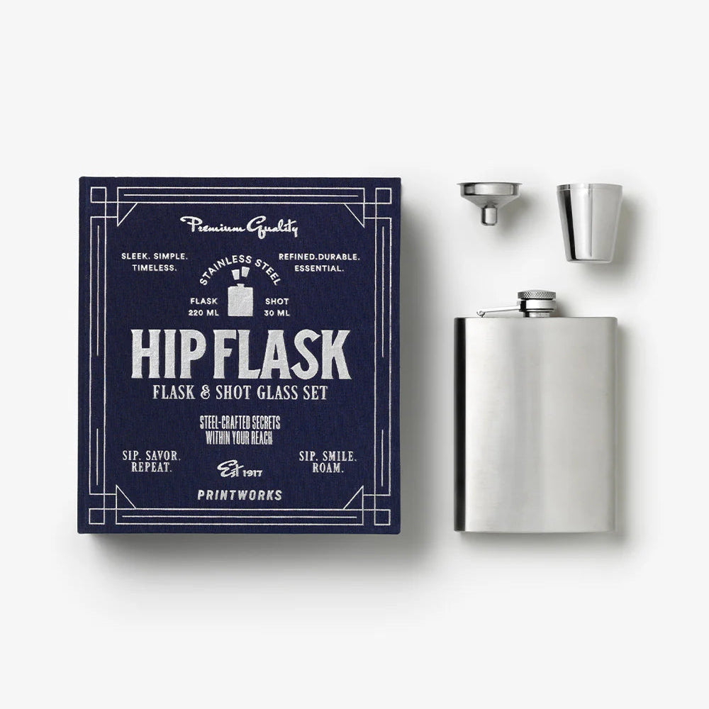 Printworks essential hip flask gift set with tools, including a stainless steel hip flask and accessories for easy carrying and use.