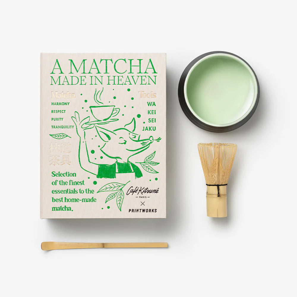 Printworks matcha tools gift set including bamboo scoop, whisk, and scoop for preparing traditional matcha tea.