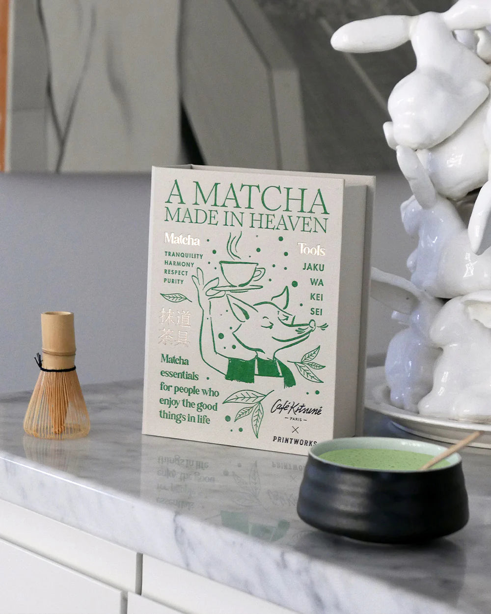 Printworks Matcha Tools gift set with bamboo whisk, scoop, and bowl for preparing traditional matcha tea.