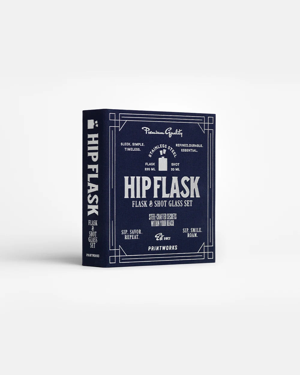 Blue Printworks hip flask gift set with accessories, featuring a stylish stainless steel flask and accompanying tools for drinks.
