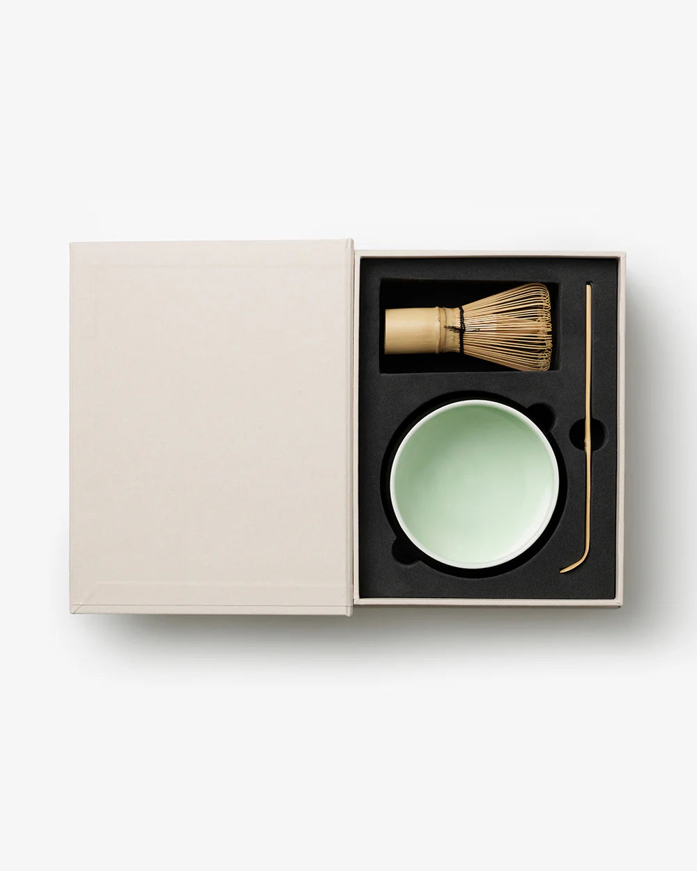 Printworks matcha tools gift set with a bamboo whisk, scoop, and bowl for preparing traditional matcha tea.