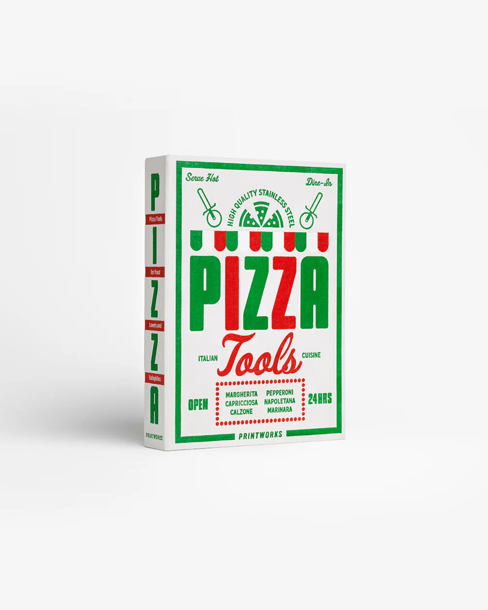 Printworks pizza tools gift set with pizza cutter, server, and utensils on a wooden surface, ideal for pizza lovers.