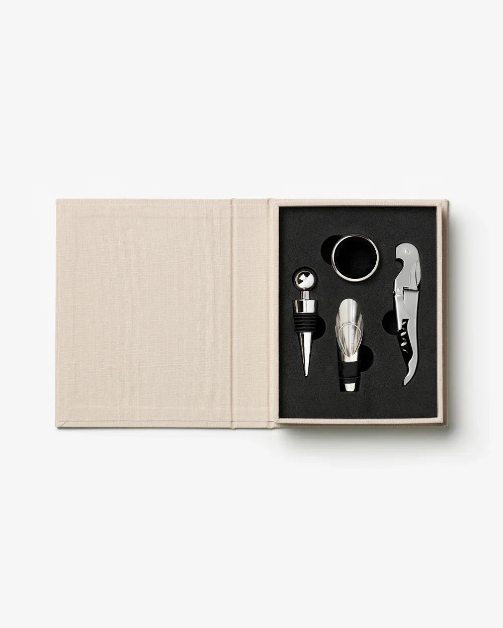 Printworks wine tools gift set with beige accessories, including corkscrew, pourer, and foil cutter for wine enthusiasts.