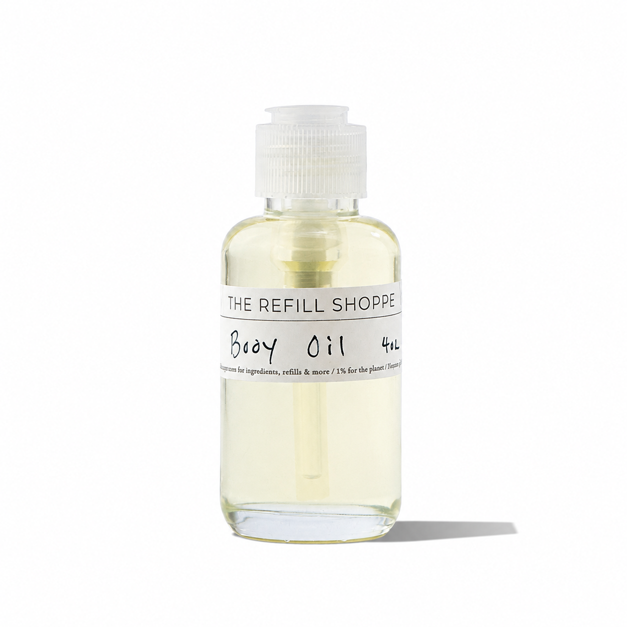 Bottle of The Refill Shoppe Jojoba Body Oil for bath and body use, with a clear glass container and golden oil inside.
