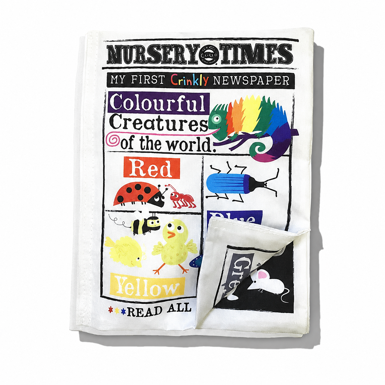 Colorful crinkly newspapers from Jo & Nic's Crinkly Cloth Books, soft fabric pages designed for sensory play and early learning.