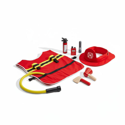 PlanToys Fire Fighter Play Set with firefighter figure, helmet, and rescue accessories for imaginative play.