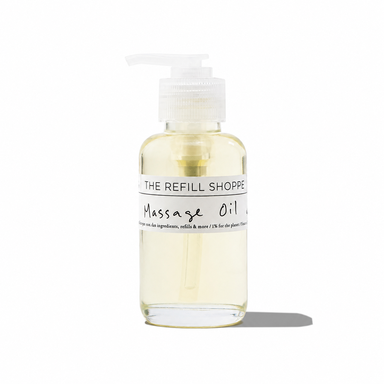 Bath & Body massage oil by The Refill Shoppe, featuring a clear bottle with golden massage oil and natural botanical ingredients.