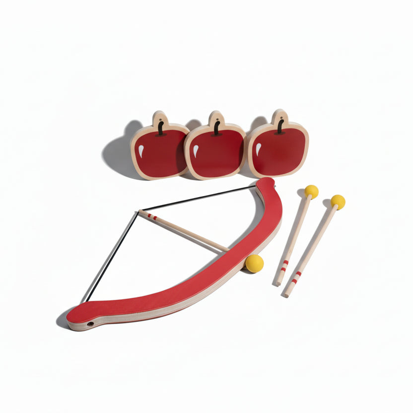 BS Toys bow and arrow set featuring a wooden bow, colorful arrows, and safety tips for kids' outdoor play.