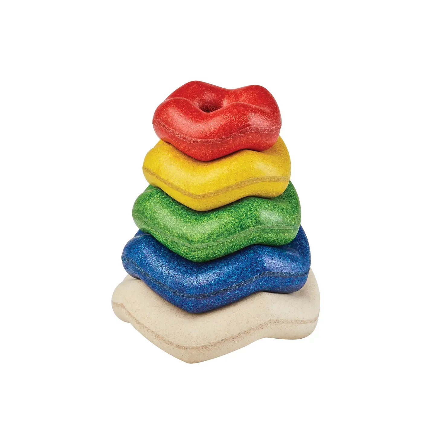 Colorful wave stacking toy by PlanToys featuring smooth wooden blocks stacked in a playful wave pattern.