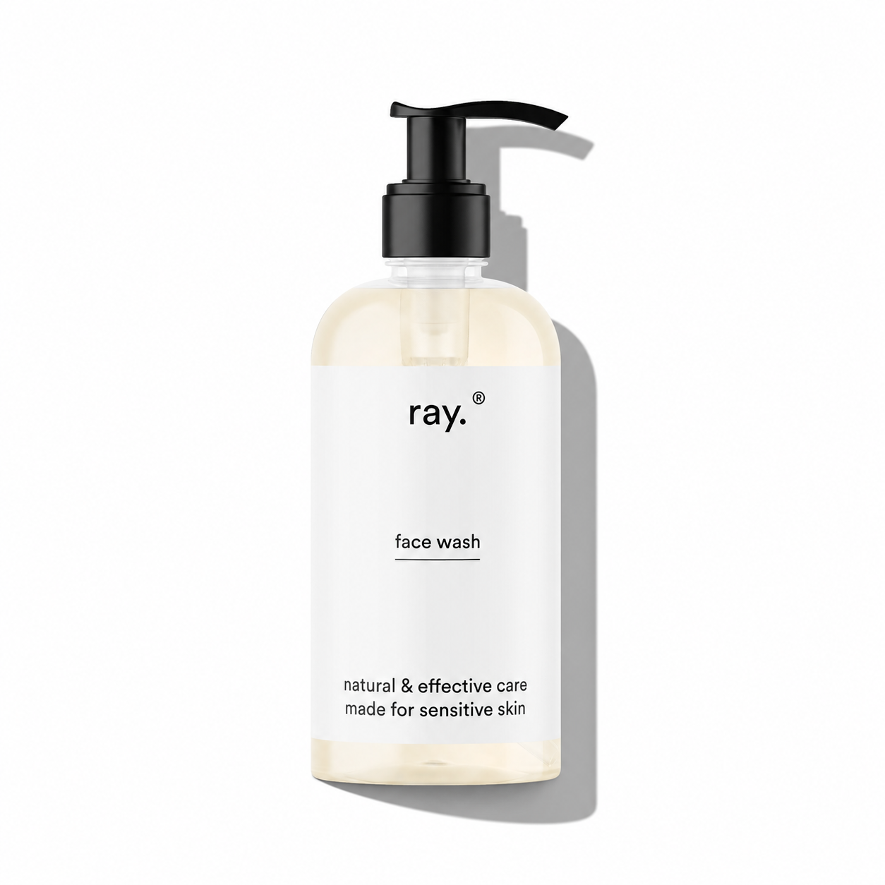 Ray face wash bottle with pump dispenser and clean label, suitable for daily facial cleansing.