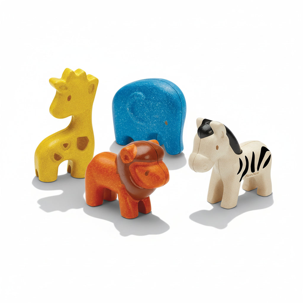 PlanToys Wild Animals Set featuring colorful wooden animal figures including a lion, elephant, and zebra on a natural background.