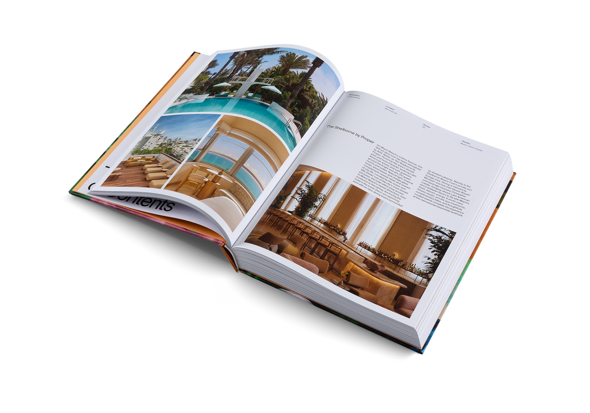 Open copy of The Design Hotels™ Book by gestalten & teNeues showcasing a hardcover hotel design book on a bed.