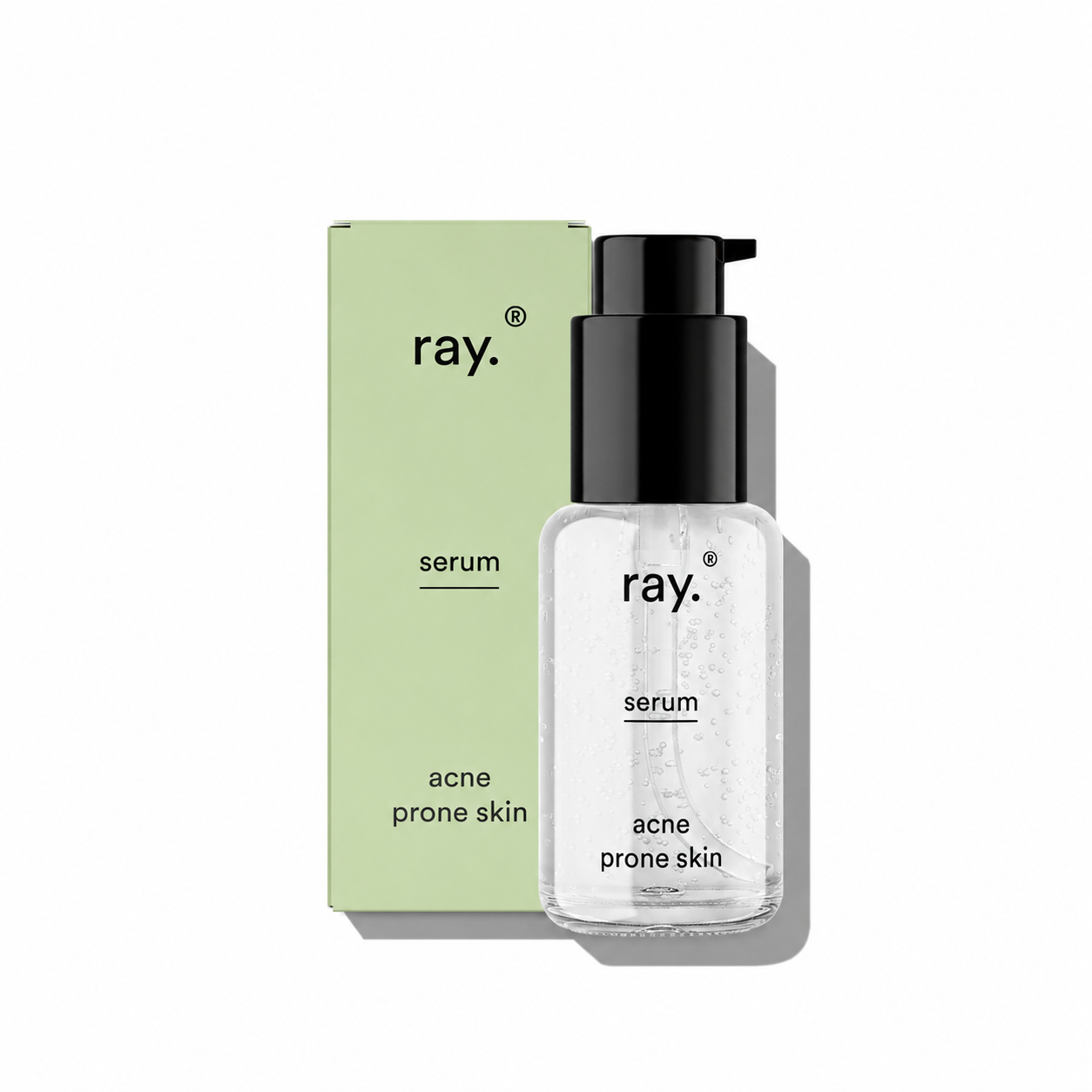 Ray acne-prone skin serum in a clear dropper bottle, with the serum visible and a clean, minimalist label design.