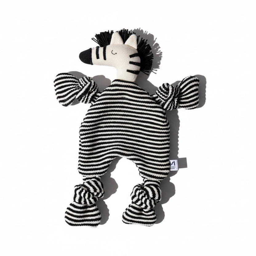 Soft baby cuddle cloth featuring a zebra design from Sophie Home Ltd, ideal for comfort and play for infants.
