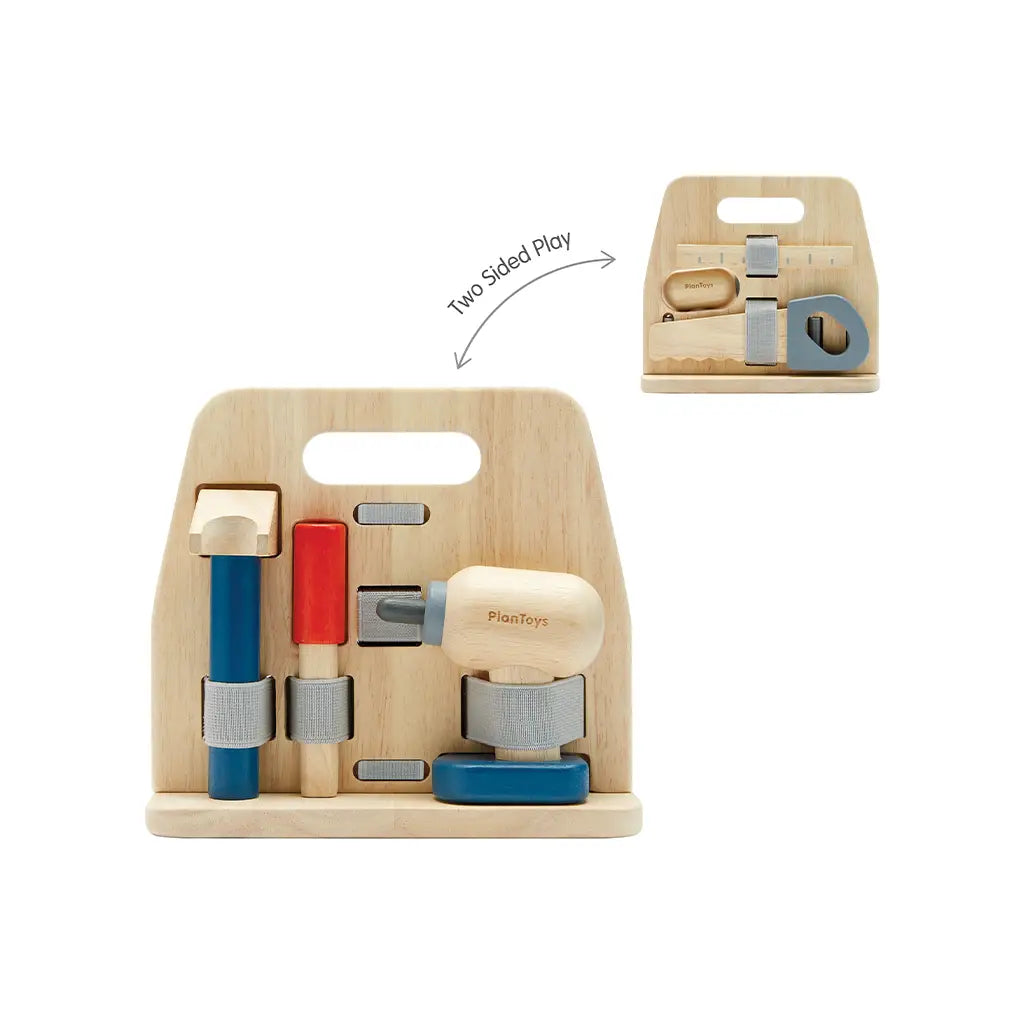 PlanToys Handy Carpenter Play Set featuring wooden tools, a workbench, and accessories for imaginative woodworking play.