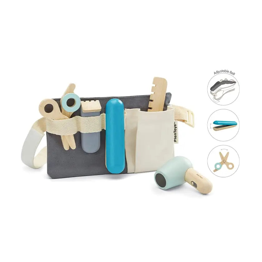 PlanToys Hair Dresser Play Set featuring colorful pretend hair styling tools and accessories for imaginative children's play