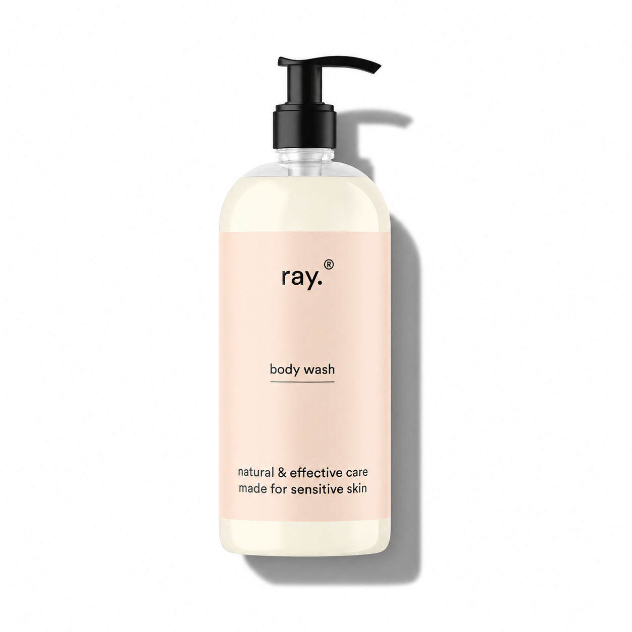 Ray Body Wash bottle with pump dispenser, showing the white and blue packaging on a clean background.