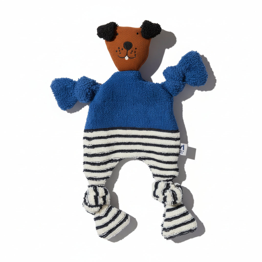 Soft baby cuddle cloth with dog design by Sophie Home Ltd, featuring a plush fabric and adorable dog illustration.