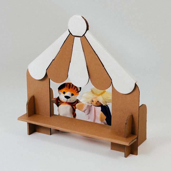 Colorful Puppet Theatre Coucou by Papperlapapp with curtains and stage for children's puppet shows