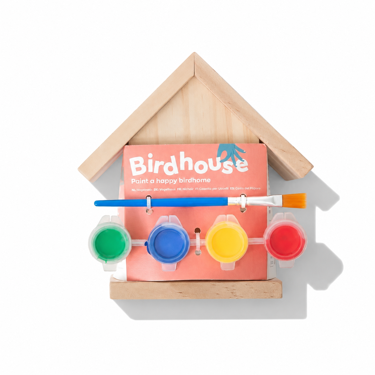 DIY Wooden Birdhouse by BS Toys, showing unfinished natural wood structure with entry hole and roof for backyard bird nesting.