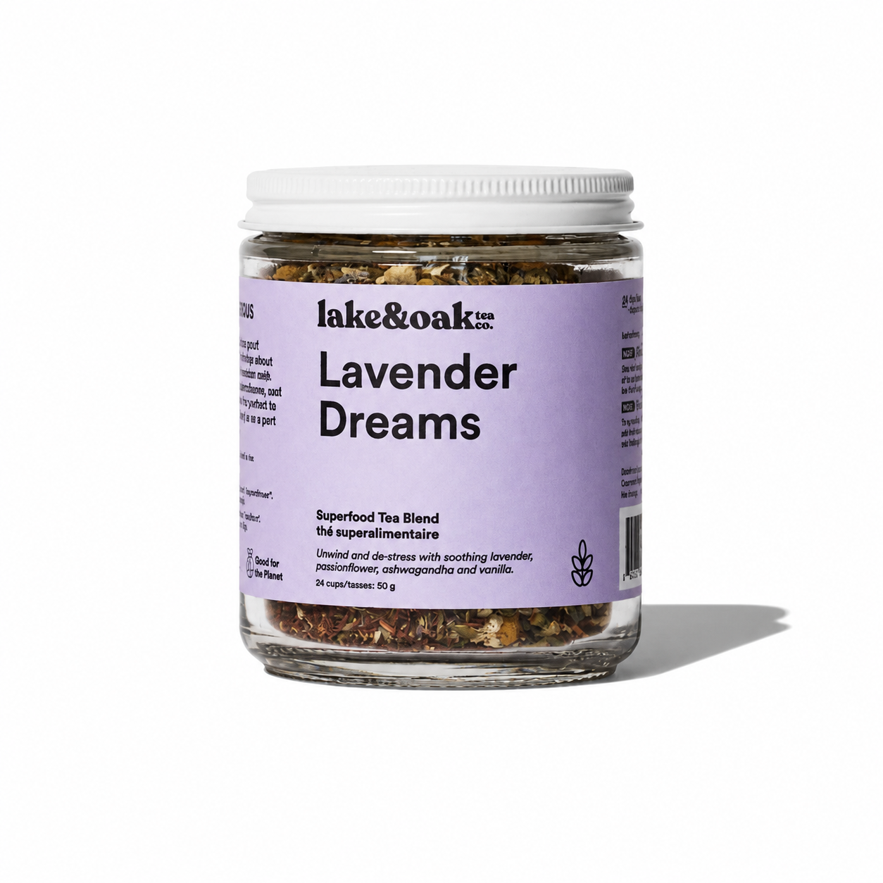 Lavender Dreams tea by Lake & Oak Tea Co. featuring a steaming cup of herbal lavender tea on a rustic wooden table.