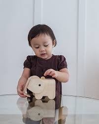 PlanToys elephant bank made of wood, featuring a cute elephant design with a coin slot on its back, ideal for saving coins.