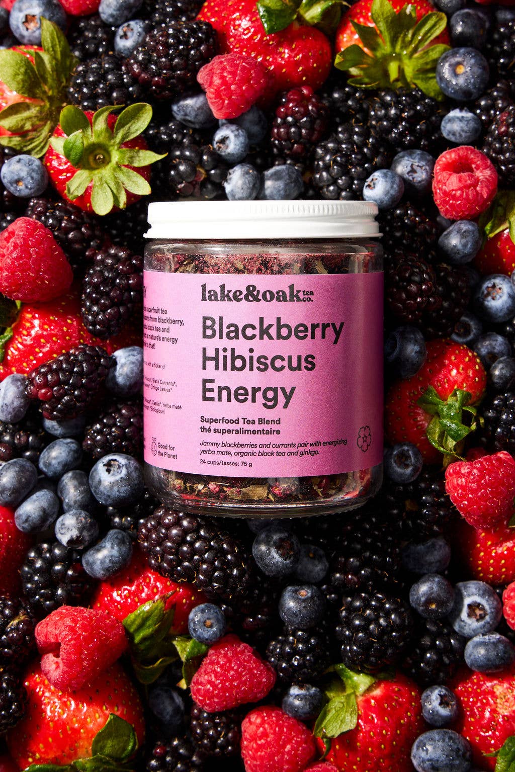 Blackberry Hibiscus Energy Tea by Lake & Oak Tea Co., fresh brewed tea with blackberry and hibiscus floral ingredients.