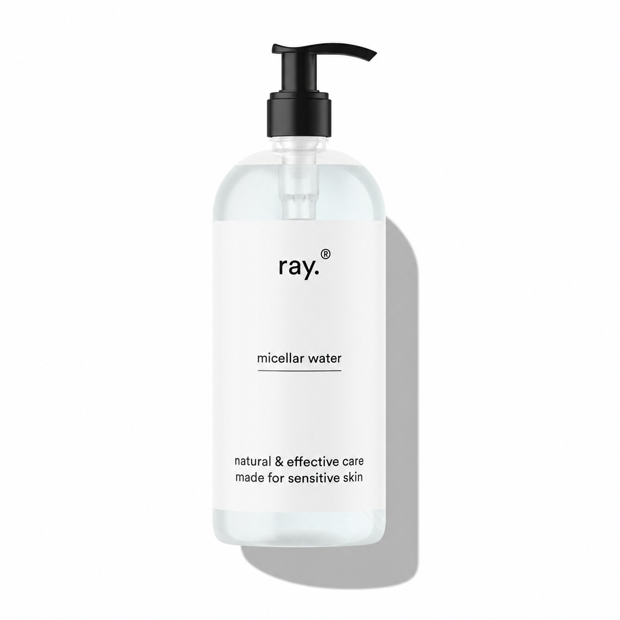 Ray Micellar Water in a clear bottle with a white cap, showing the gentle skincare solution for cleansing and makeup removal.