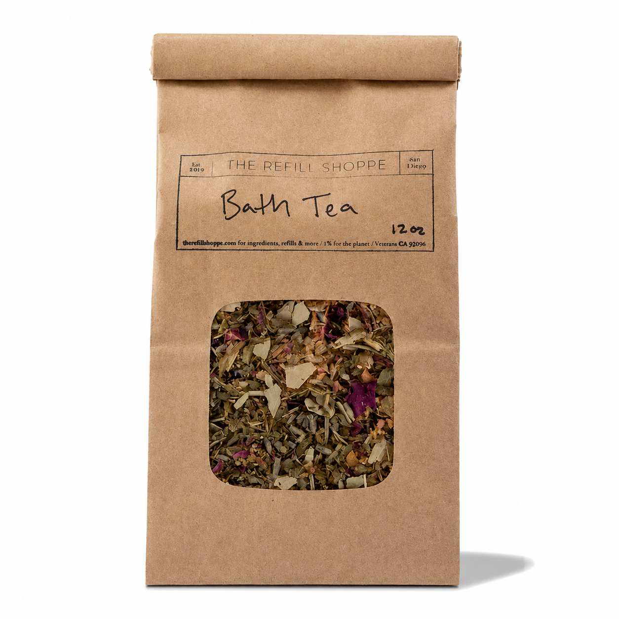 Dried fragrant herbs and flower petals for The Refill Shoppe Bath Tea, ready for a relaxing soak in a natural bath experience.