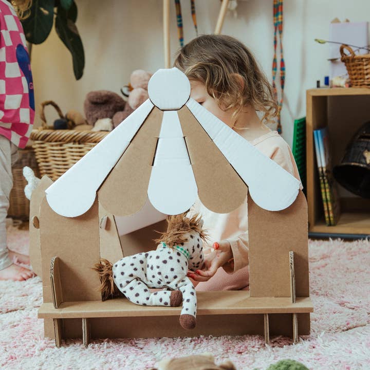 Puppet Theatre Coucou by Papperlapapp, colorful fabric puppet stage with curtains and playful design for children's puppet shows.