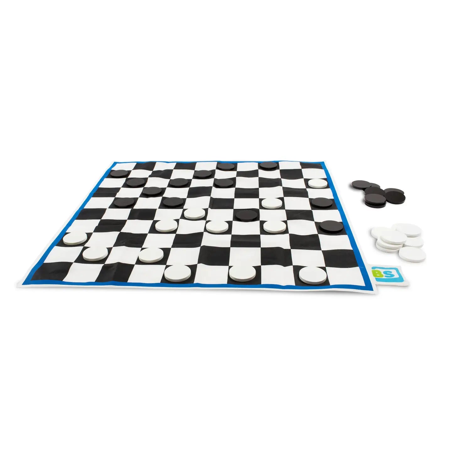 Checkers Play XL board game by BS Toys featuring black and red checkers pieces on a wooden board.
