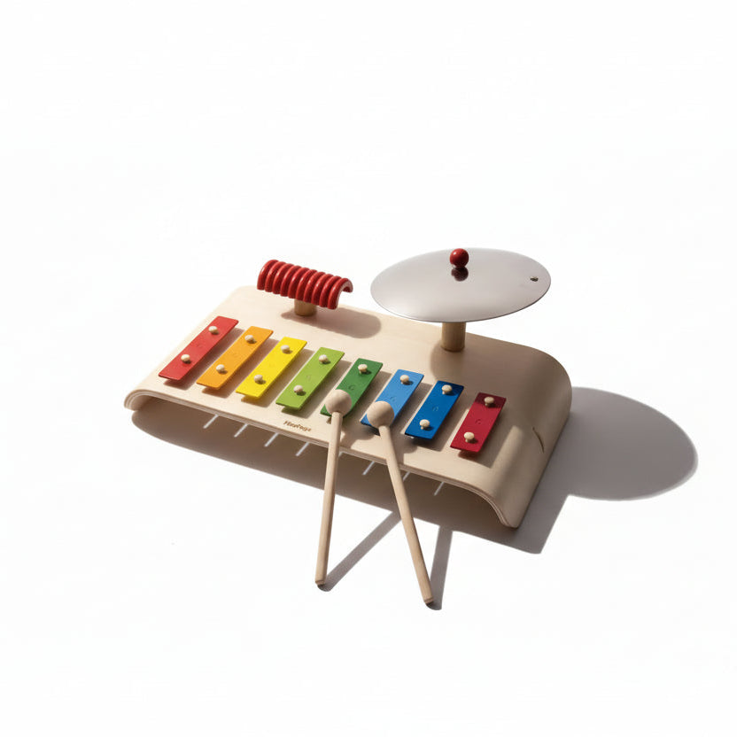 PlanToys Music Play set with colorful wooden instruments for children, featuring drums, tambourine, and maracas for musical fun.
