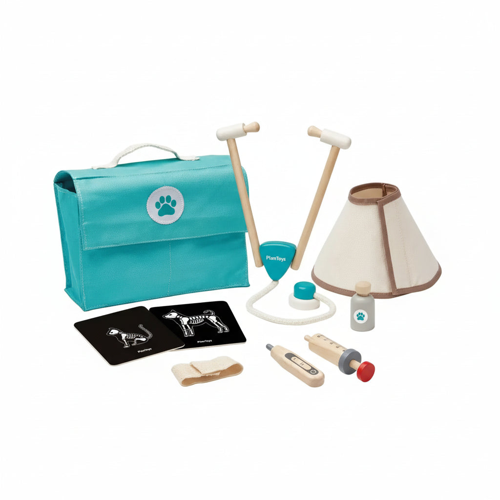 PlanToys Vet Play Set featuring toy medical tools, a veterinarian figure, and animal figures for imaginative play.