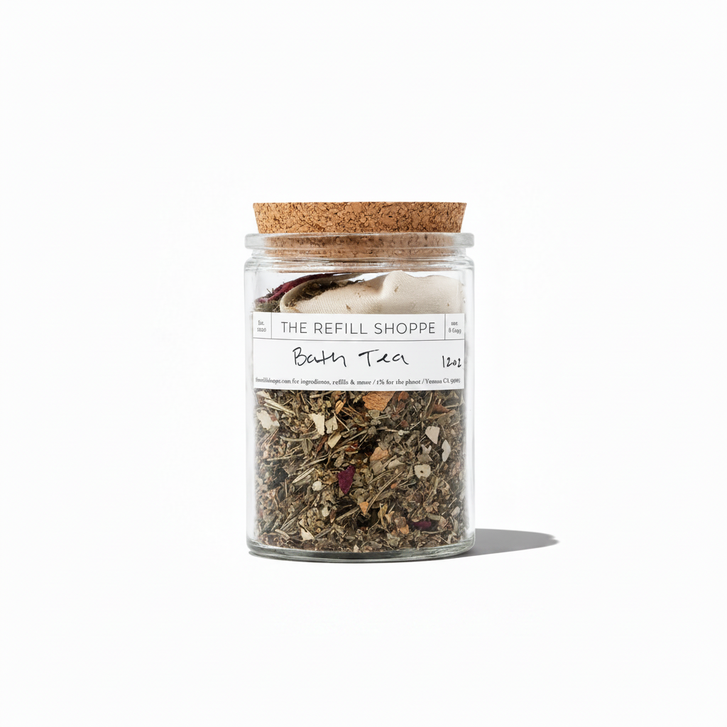 Bath tea by The Refill Shoppe with dried herbs and botanicals in a reusable jar, ready for a relaxing soak.