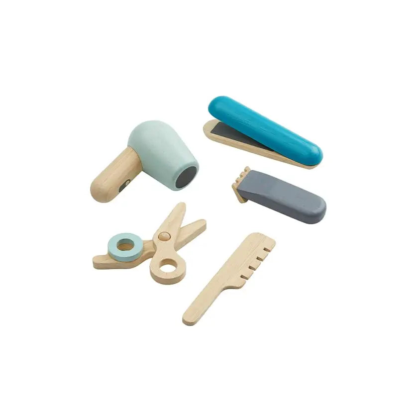 PlanToys Hair Dresser Play Set with toy scissors, comb, and accessories for imaginative hairstyling play.