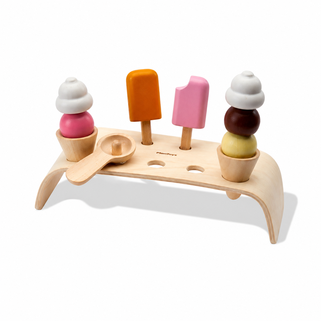 Colorful PlanToys frozen treat toy with vibrant scoops and waffle cone, ideal for imaginative play and sensory exploration.