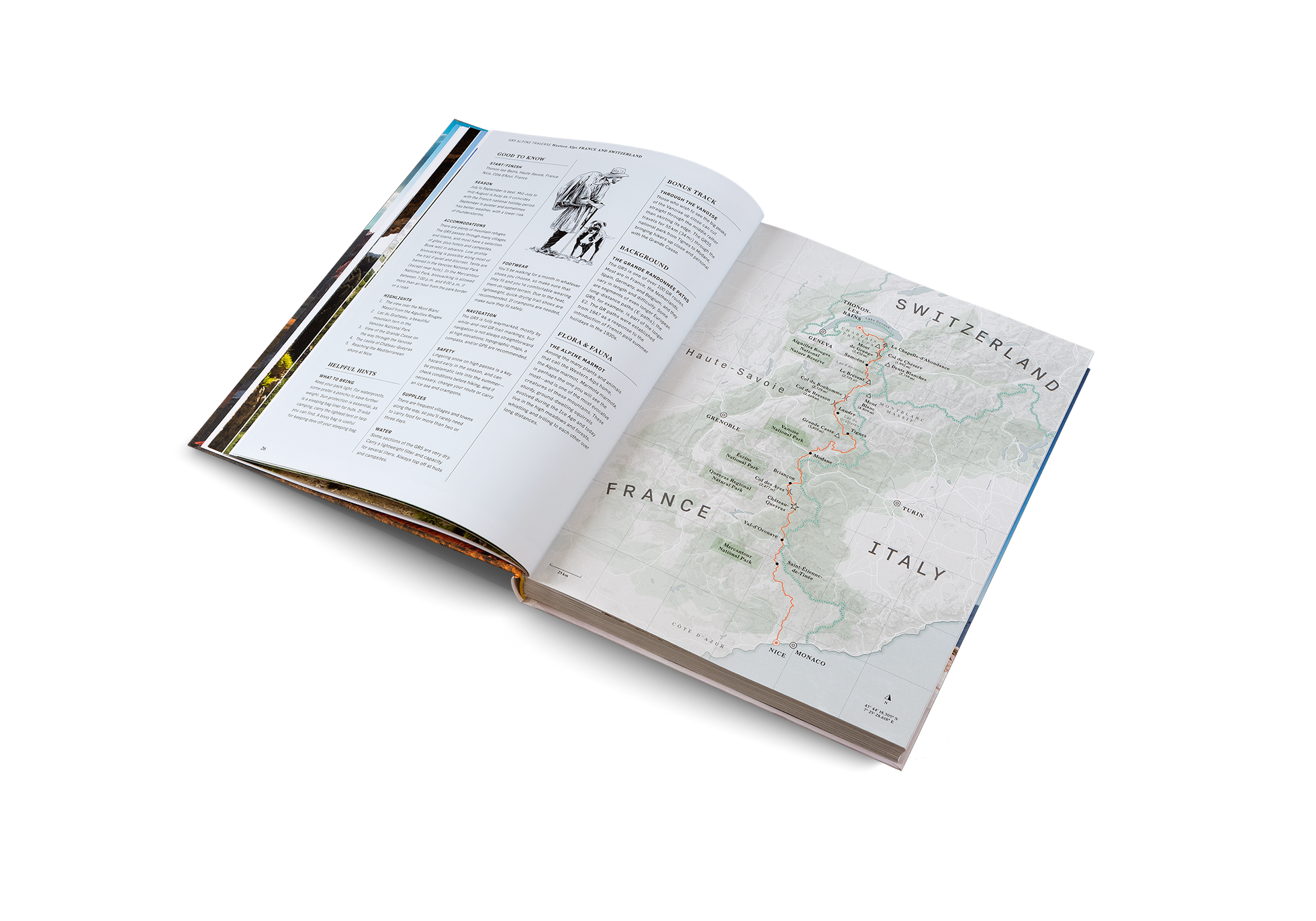 Open book titled Wanderlust Alps by gestalten & teNeues, featuring scenic mountain photography on glossy pages.