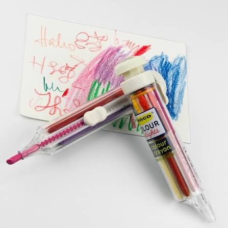 Set of 8 colorful Penco crayons in a display box, featuring vibrant shades for drawing and coloring activities.
