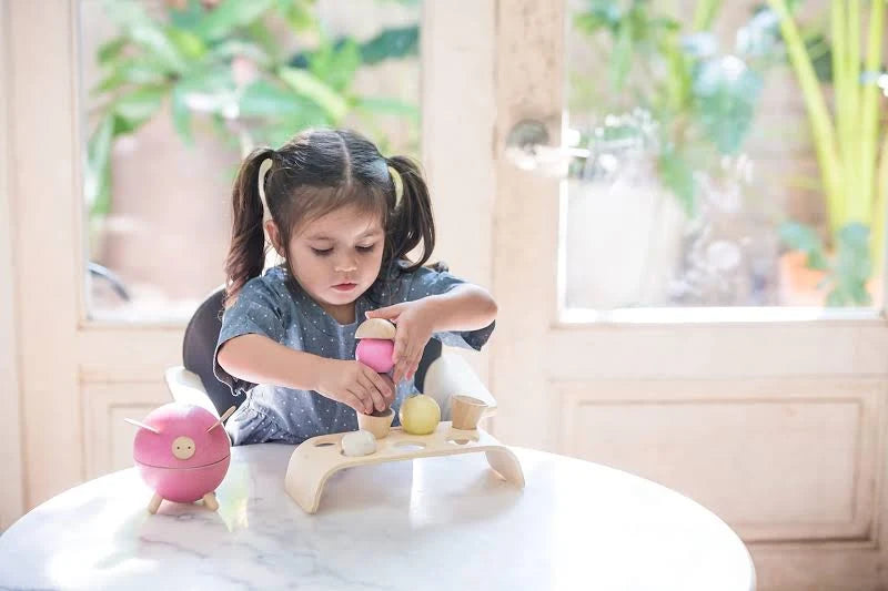 PlanToys frozen treat with colorful fruit toppings, displayed on a white plate, showcasing a playful and eco-friendly toy design.